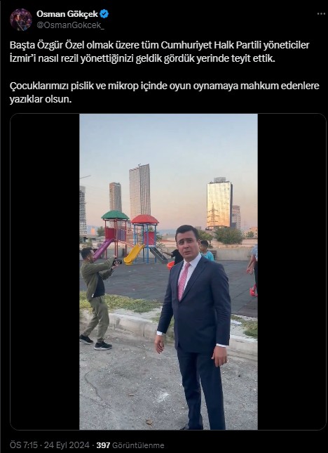 Osman Gökçek'ten CHP'li İzmir'e sert tepki! 'Çocuklarımızı pislik ve mikrop içinde oyun oynamaya mahkum edenlere yazıklar olsun.'